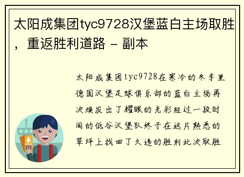 太阳成集团tyc9728汉堡蓝白主场取胜，重返胜利道路 - 副本